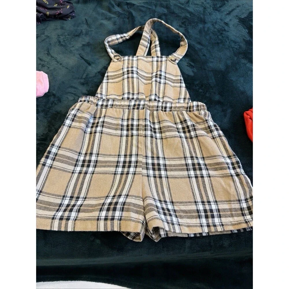 SHEIN Girls Plaid Overall Romper Shorts Beige Black Size 11-12Y